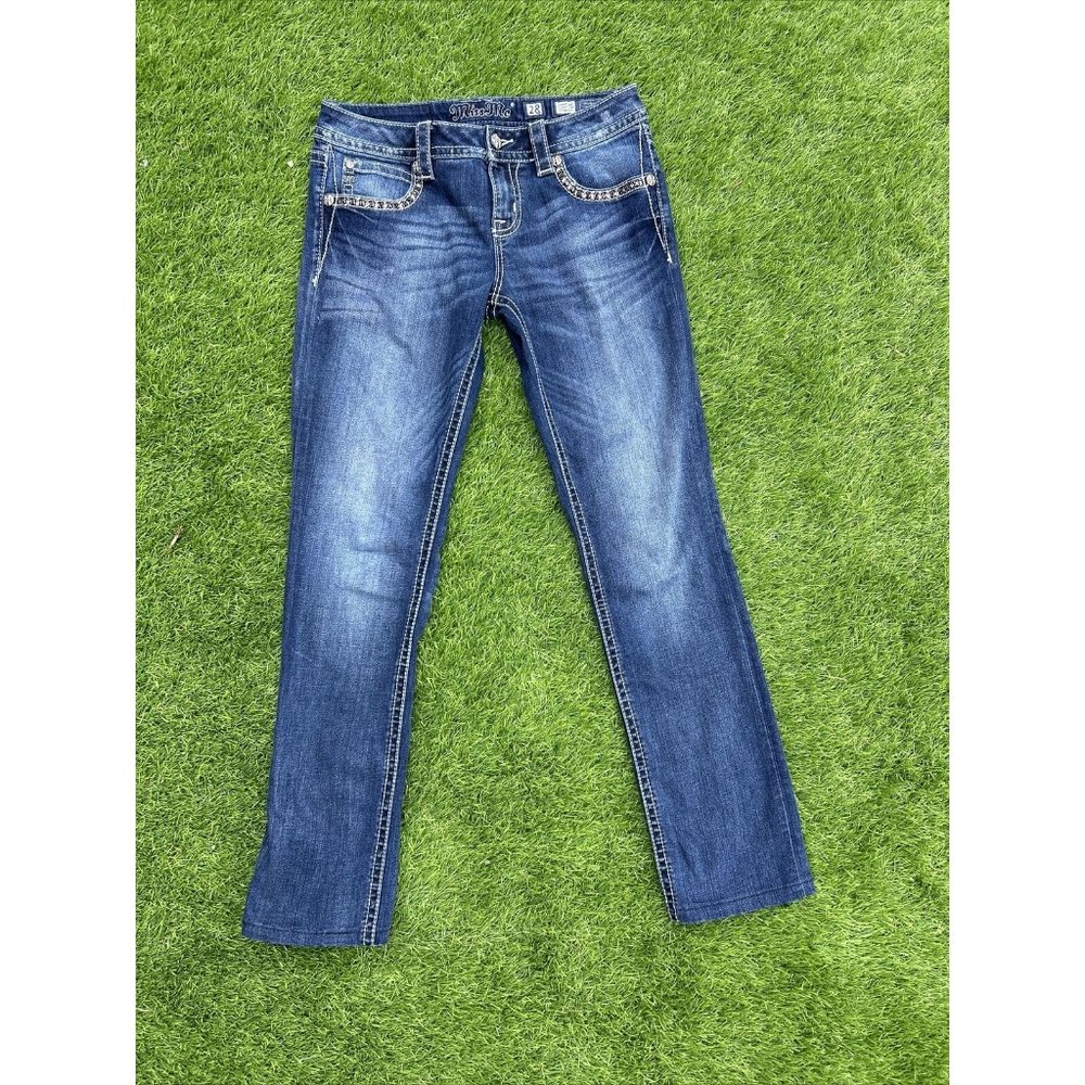 Miss Me Jeans Signature Straight Blue Denim Jeans Embellished Bling Size 28/33.5